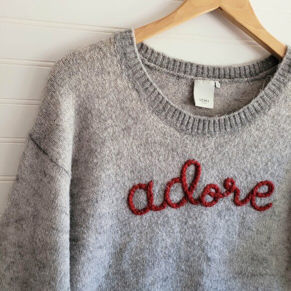 Ichi Sweater Womens M Grey Adore Embroidery Alpaca Blend Puffy Letters Slouchy - Picture 2 of 10
